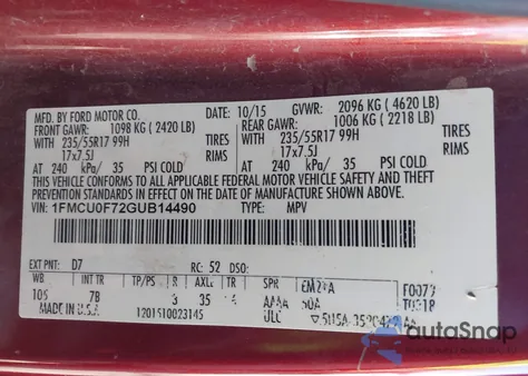 2016 Ford Escape S z USA, uszkodzony, nr VIN 1FMCU0F72GUB14490